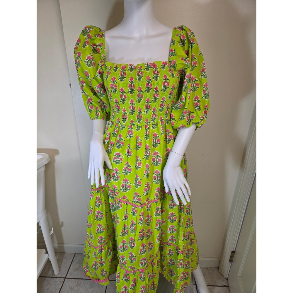 Pink City Prints Jodhpur Dress Lime Hibiscus Floral Smocked  Cotton Small NWT